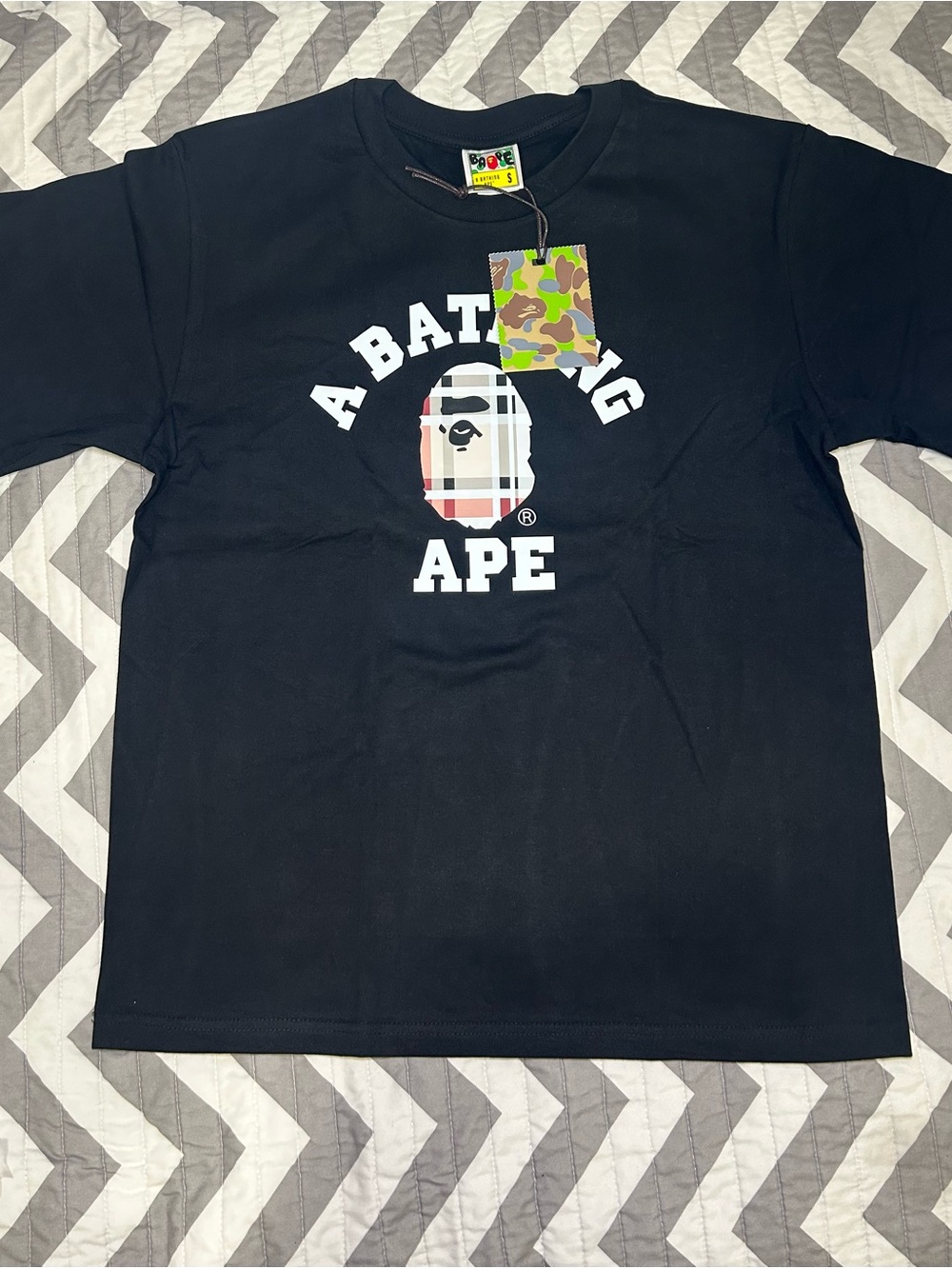 Bape Black Kids Logo Tee with Plaid Ape Graphic